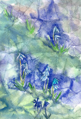 abstract watercolor background with spring flowers in blue and green