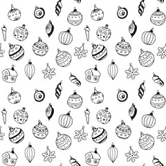 seamless pattern of black and white linear drawings of christmas toys