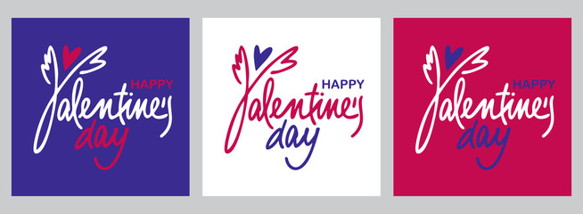 Happy Valentines Day typography with handwritten calligraphy text. 3 color options. Vector