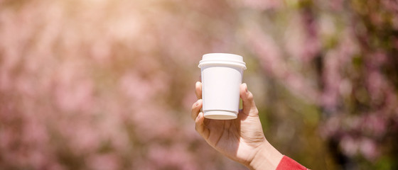 male hand showing up of a white cup of hot coffee infrontof pink cherry blossom background