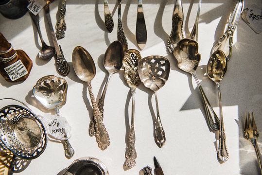 antique silverware for sale at the flea market