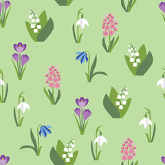 Cute spring flowers on green background seamless pattern. Wildflowers in simple flat style. Vector illustration of Crocus, hyacinth, lily of the valley, muscari, scilla and snowdrop isolated on white. - obrazy, fototapety, plakaty