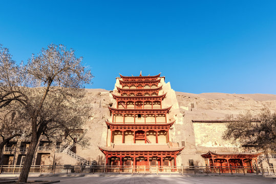 A panoramic view of the nine-story old mogao grottoes in dunhuang, gansu, China