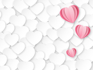 Background with white and pink paper hearts. Template with place for text. Design for Valentine's Day. The 14th of February. Texture paper cut.