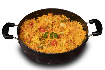 Basmati rice vegetable pulao, closeup view, isolated on white background