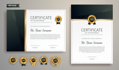 Black and gold certificate of appreciation border template with luxury badge and modern line pattern