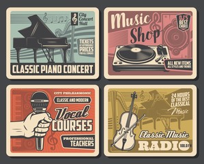 Music instruments retro posters, vocal school courses and classic music radio retro posters. Vector piano concert, music DJ equipment and vinyl records shop, orchestra or jazz band festival
