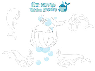 Drawing and Paint Cute Whales Cartoon Set. Educational Game for Kids. Vector illustration With Cartoon Happy Animal