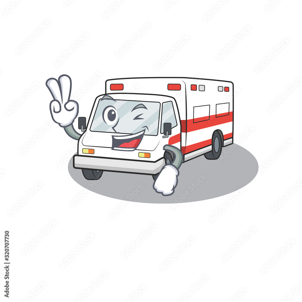 Poster Smiley mascot of ambulance cartoon Character with two fingers