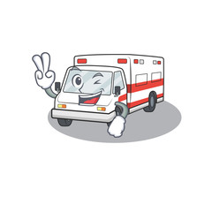 Smiley mascot of ambulance cartoon Character with two fingers © kongvector