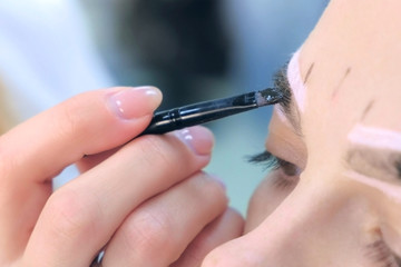 Cosmetologist is tinting woman eyebrows with brown paint in beauty clinic, closeup brow. Beautician applying natural henna using brush on brows of client. Professional tint eyebrow procedure.