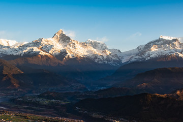 Fototapeta na wymiar Machapuchare sunrise view in Dhampus Pokhara Nepal.
