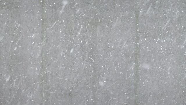 Snow flakes falling from the sky with building wall in the background, space for text. Winter backdrop with heavy snowfall