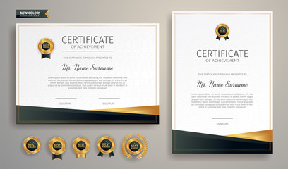 Dark and gold certificate of achievement border template with luxury badge and modern line pattern