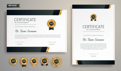 Dark and gold certificate of achievement border template with luxury badge and modern line pattern