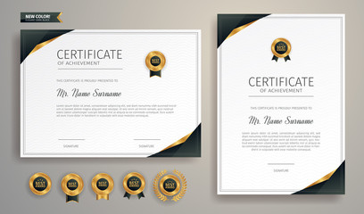 Dark and gold certificate of achievement border template with luxury badge and modern line pattern