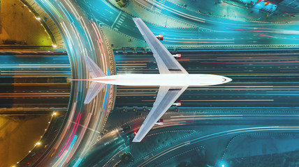 Expressway aerial top view, Road traffic an important infrastructure and Air Transportation and transit. Travel and transportation business concept