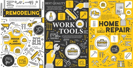 House remodeling and construction repair work tools, home renovation service posters. Vector handyman carpentry, masonry and woodwork hand tools, drill and saw, paint, construction hammer and ruler