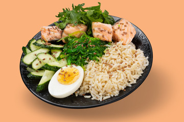 healthy food concept, lifestyle, vegetables, fish, and rice, bowl levitate, cast a shadow, on color background