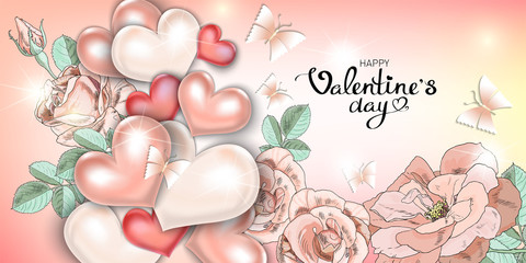 Happy Valentine's day, it's handwritten. Hearts, roses, leaves, butterflies and stars Shine on a pink background. Decorative postcard, poster, banner suitable for holidays: wedding