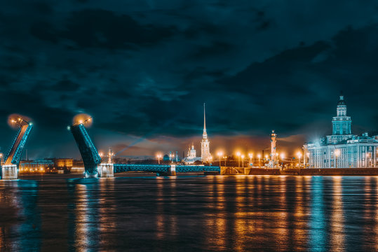 Drawbridge Palace Bridge and Peter and Paul Fortress. Saint Petersburg. Russia.