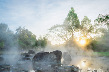 Morning fog over hot spring at Chae Sorn National Park, Thailand