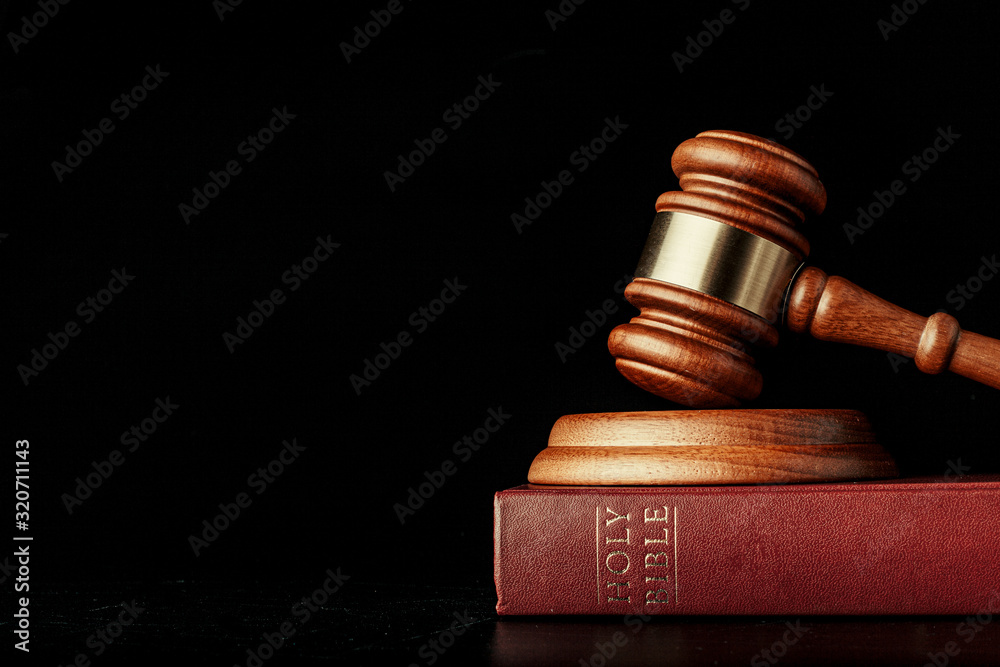 Wall mural judge gavel with holy bible on black background - Wall murals