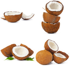 Collage of broken coconut pieces isolated on white background
