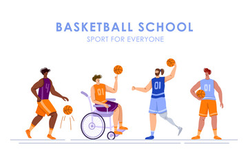 Disabled basketball players with ball, young muscular man in wheelchair, man with prosthetic leg, physical disorder or impairment basketball players, sport inclusion concept, flat people - vector