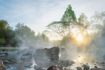 Morning fog over hot spring at Chae Sorn National Park, Thailand