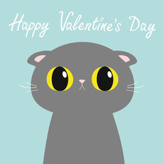 Happy Valentines Day. British Shorthair cat round head face, body. Cute funny cartoon character. Big yellow eyes. Kitty Whisker Baby pet collection. Blue background. Isolated. Flat design.