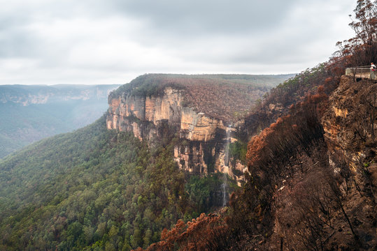 Govetts Leap Lookout in Blackheath, Blue Mountains National Park in the aftermath of the devastating Australian bushfires of December 2019.