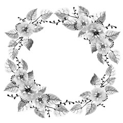 Decorative black and white watercolor wreath of leaves, wildflowers and branches on a white background. Autumn wreath for design cards, wedding invitations with free space for your text