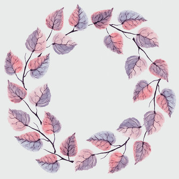 Decorative watercolor wreath of leaves and branches. Autumn wreath for design cards, wedding invitations with free space for your text