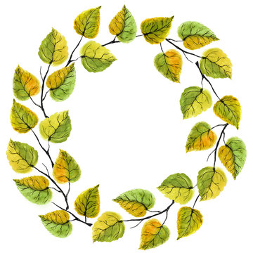 Decorative watercolor wreath of leaves and branches on a white background. Autumn wreath for design cards, wedding invitations with free space for your text