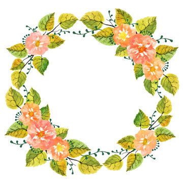 Decorative watercolor wreath of leaves, wildflowers and branches on a white background. Autumn wreath for design cards, wedding invitations with free space for your text