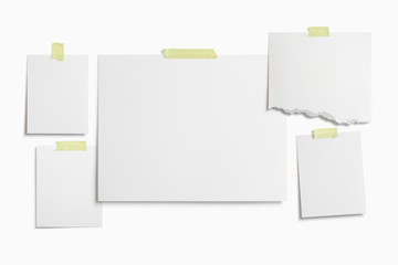Moodboard template composition with blank photo cards, torn paper, polaroid frame glued with yellow...