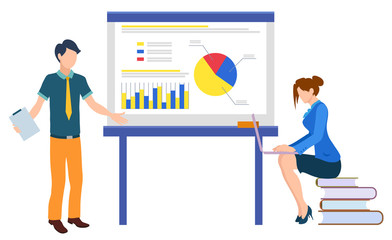 Office workers meeting vector, boss and developer of applications flat style characters. Whiteboard with presentation and diagrams segments on screen