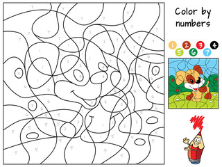 Funny little dog. Color by numbers. Coloring book. Educational puzzle game for children. Cartoon vector illustration