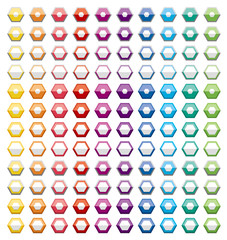 hexagon button icon in half-folded form.hexagon button icons of various colors.