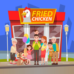 Smiling shoppers standing near chicken shop, man and woman buying fried products. Cafe or market with hens, urban construction in red color, restaurant and shadow of skyscrapers in city vector