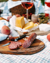 Sliced salami on a provencal style picnic