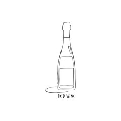 Bottle red wine in hand drawn style. Restaurant illustration for celebration design. Retro sketch. Line art. Design element. Beverage outline icon. Isolated on white background in graphic style