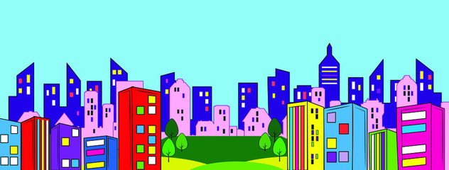 City illustration. Towers and buildings,simple minimal geometric ,city  landscape with buildings, trees, banner and background  A variety of styles 