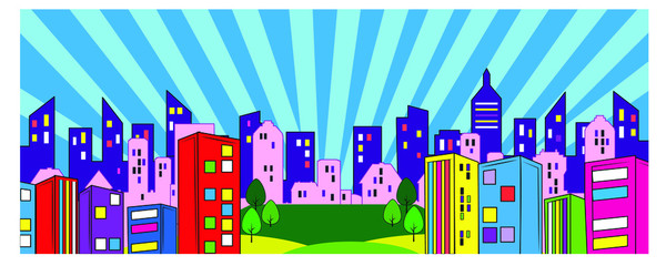 City illustration. Towers and buildings,simple minimal geometric ,city  landscape with buildings, trees, banner and background  A variety of styles 