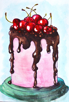  Cherry Pie Cake Cream Watercolor Illustration Tasty Sweet Pastry Cupcake Baking Sweets