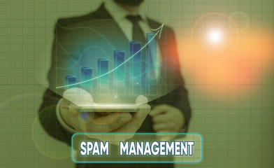 Conceptual hand writing showing Spam Management. Concept meaning help reduce or filter the amount...