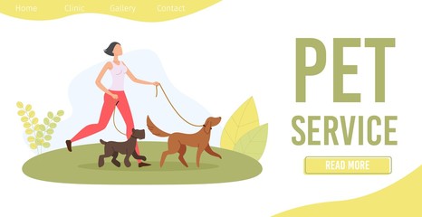 Dog Walker Service Trendy Flat Vector Web Banner, Landing Page Template. Young Woman, Teenager Girl or Student, Female Professional Walker Walking with Terrier and Retriever on Leash Illustration