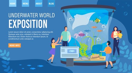 Landing Page Inviting Visit Underwater World Exposition. Invitation to Event Aquarium Family Weekends. Parents with Kids Enjoy Watching Exhibits. Recreation at Oceanarium. Vector Illustration