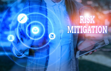 Conceptual hand writing showing Risk Mitigation. Concept meaning strategy to prepare for and lessen the effects of threats